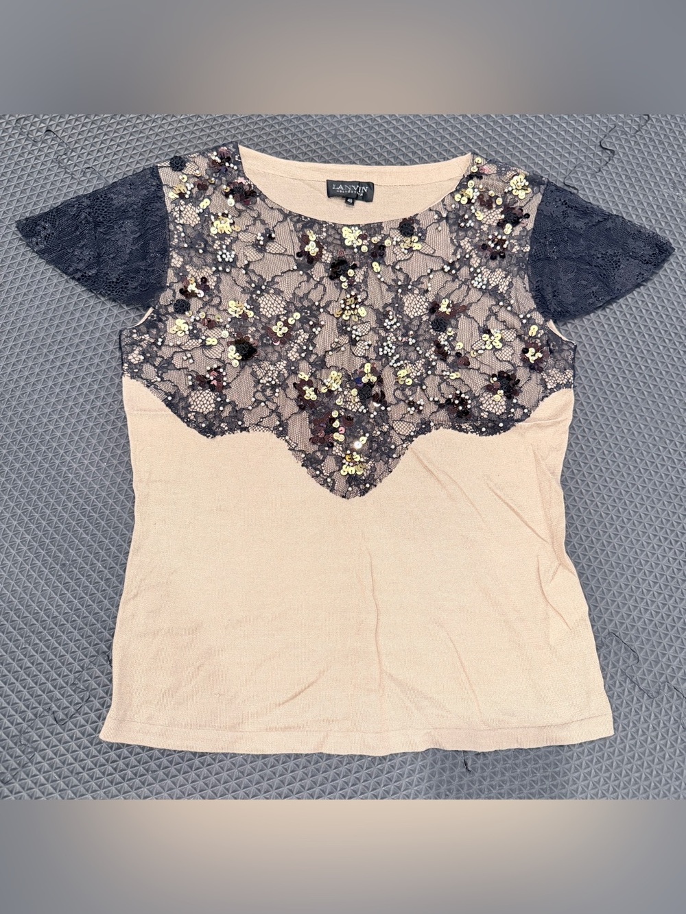 Lanvin Collection Womens 40 Lace Sequin Beaded Embellished Knit Top Beige